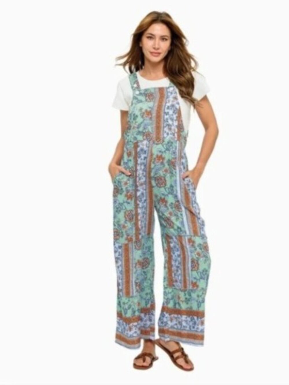 Yak & Yeti Floral Patchwork Wide Leg Overalls Jumpsuit Boho S/M - NWT